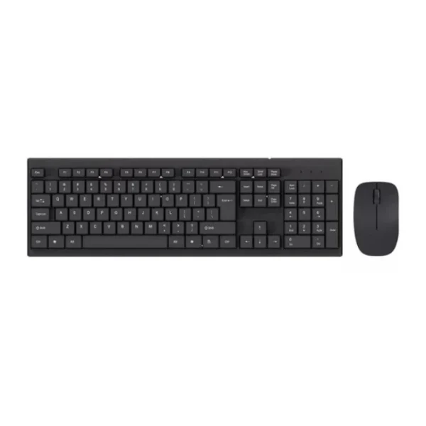 کیبورد و ماوس میکوس مدل KB-C019 با اتصال بی‌سیم 2.4GHz، دانگل USB مشترک، کیبورد 110 کلیدی و طراحی ارگونومیک. ✅ مناسب اداره و خانه، عمر باتری بالا، ابعاد 520x140x40 مم.