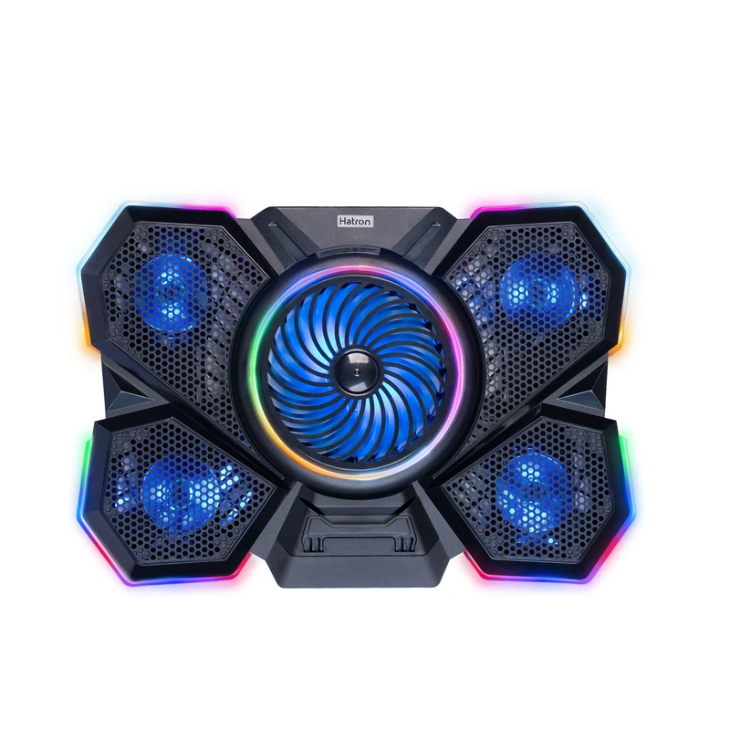 HCP126 1 پایه خنک کننده لپ تاپ هترون مدل HCP126 با 5 فن بیصدا، نور RGB، تنظیم ارتفاع 6 سطحی و 2 پورت USB. ✅ مناسب لپتاپهای 17 اینچی، گیمینگ و اداری.