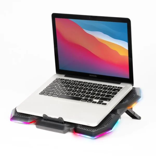 پایه خنک کننده لپ تاپ هترون مدل HCP126 با 5 فن بی‌صدا، نور RGB، تنظیم ارتفاع 6 سطحی و 2 پورت USB. ✅ مناسب لپ‌تاپ‌های 17 اینچی، گیمینگ و اداری.