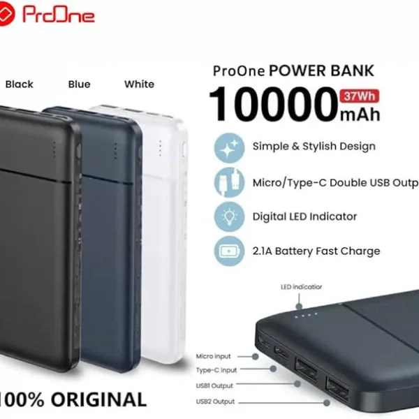 پاوربانک ProOne مدل PPB5114 با ظرفیت 10000 میلی‌آمپر ساعتی و شارژ سریع 37 وات – طراحی نازک و جیبی
