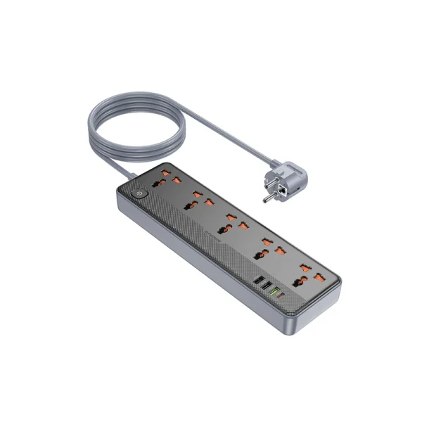 چندراهی برق بروفون BAC5A با 5 پریز، خروجی USB-C 20W، 3 پورت USB-A و محافظ ولتاژ. توان 2500 وات، کابل 1.5 متری، سازگار با پریز ایران. ایده‌آل برای خانه و دفتر.
