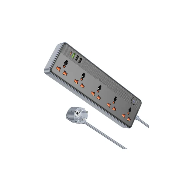 چندراهی برق بروفون BAC5A با 5 پریز، خروجی USB-C 20W، 3 پورت USB-A و محافظ ولتاژ. توان 2500 وات، کابل 1.5 متری، سازگار با پریز ایران. ایده‌آل برای خانه و دفتر.