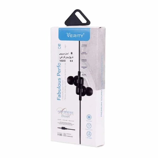 هندزفری وریتی E85 با جک 3.5mm، میکروفون و کنترل تماس. حساسیت 109dB، درایور 12mm، کابل TPE 120 سانتی‌متری. سازگار با تمام دستگاه‌ها. استانداردهای CE و FCC.
