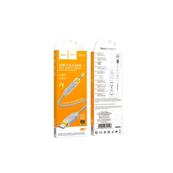 کابل تبدیل AUX به USB-C هوکو UPA30 طول 1 متر, کابل هوکو UPA30, کابل USB-C به 3.5mm, کابل HIFI, کابل با تراشه DAC, کابل صوتی دیجیتال, کابل نایلونی بافته شده, کابل سازگار با سامسونگ, کابل شیائومی, کابل هوآوی, کابل لپ‌تاپ USB-C, کابل Plug and Play, کابل با کیفیت بالا, کابل 1 متری, کابل بدون نویز, کابل حرفه‌ای, کابل برای موسیقی, کابل با استاندارد بین‌المللی, کابل مقاوم, کابل هوکو