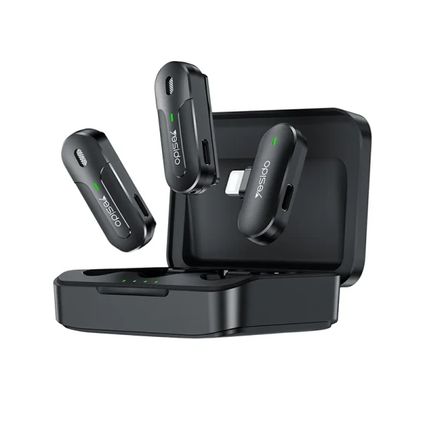 میکروفن یقه‌ای یسیدو مدل KR16 — بی‌سیم، دو میکروفن Lavalier، کاهش نویز، مناسب برای لایو استریم، پادکست و ویدیوهای آموزشی. فرکانس 20Hz-20kHz، حساسیت 38dB، کیس شارژ، سازگار با گوشی و لپ‌تاپ.