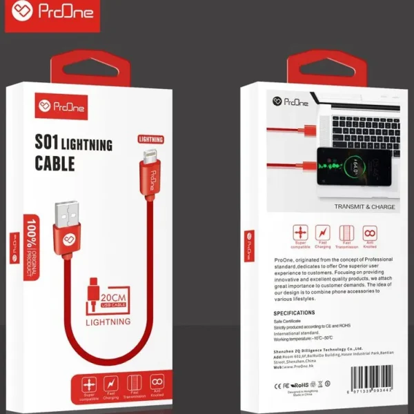 کابل شارژر پرووان لایتنینگ 20 سانتی‌متر — جنس TPE، رنگ قرمز و مشکی، وزن 7 گرم. اصل، گارانتی 12 ماهه کاوان سرویس. ایده‌آل برای ماشین، پاوربانک و سفرهای کوتاه.