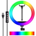 رینگ لایت P-NET LJJ-26 با 224 LED، RGB، سه‌پایه 2 متری و هولدر موبایل. دمای رنگ 2700-7000K — مناسب برای عکاسی و استریمینگ.