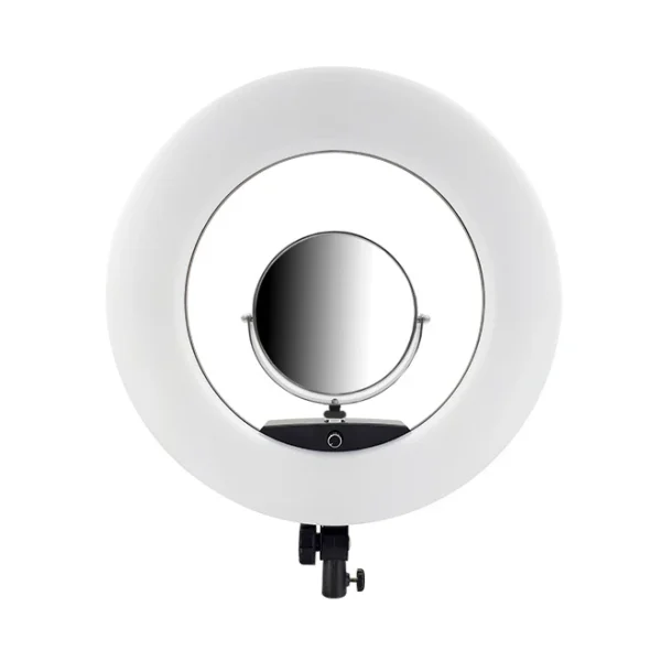 رینگ لایت نایس فوتو FN-480 II Pro با 480 LED، 96 وات، دمای رنگ 3200-5500K، نمایشگر، ریموت، آینه و هولدر. مناسب برای آرایش، عکاسی و استریمینگ.