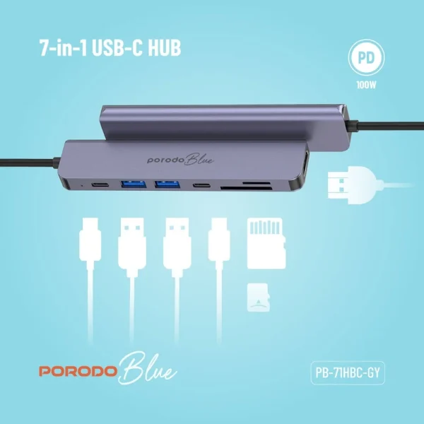 هاب 7 پورت USB-C پرودو PB-71HBC با HDMI، 2x USB-C، کارت‌خوان SD/microSD و بدنه آلومینیومی. سازگار با مک‌بوک و لپ‌تاپ‌ها.