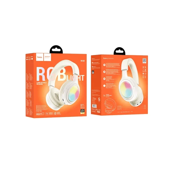 هدفون هوکو مدل W48 بلوتوثی با نور RGB و طراحی تاشو برای حمل آسان