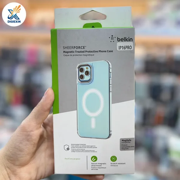 کاور شفاف پلاستیک سخت مگ‌سیف‌دار برند Belkin مناسب برای آیفون ۱۶ پرو